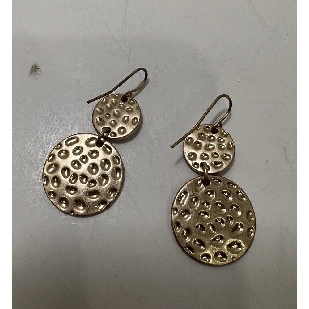 Goldtone Hammered Double Disk Dangle Drop Earrings Pierced Ears Women's Jewelry